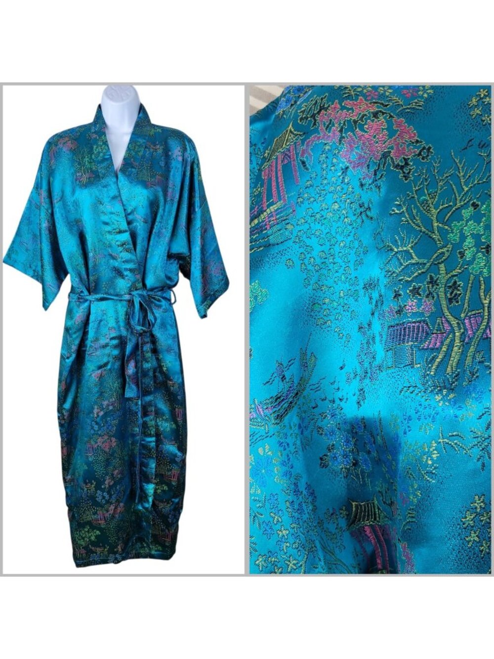 Vintage Teal Jacquard Chinese Kimono Robe Size Medium Large Satin Housecoat